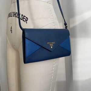 PRADA BLUE LEATHER ENVELOPE WALLET CROSSBODY